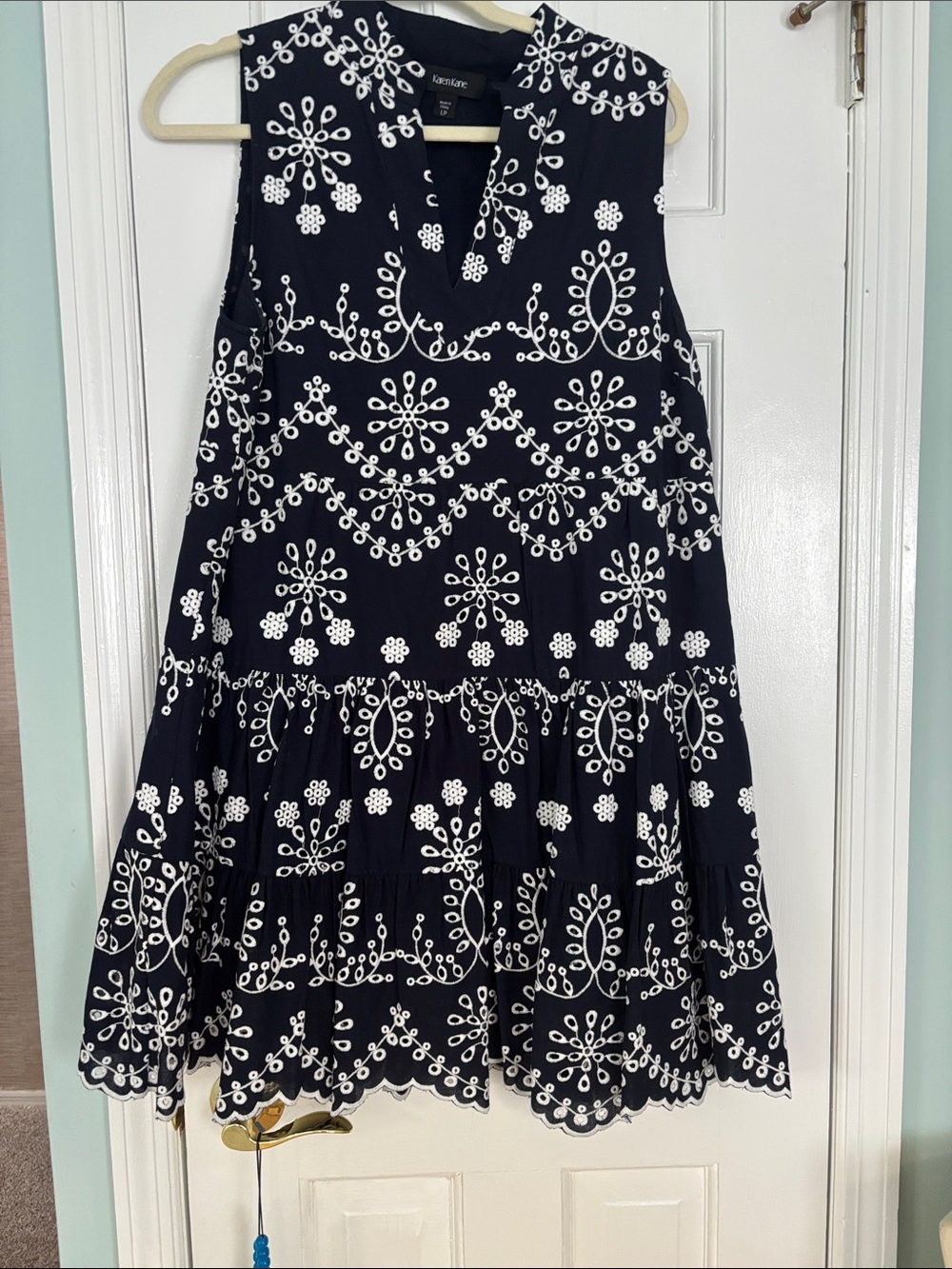 Karen Kane Navy Dress with White Embroidery